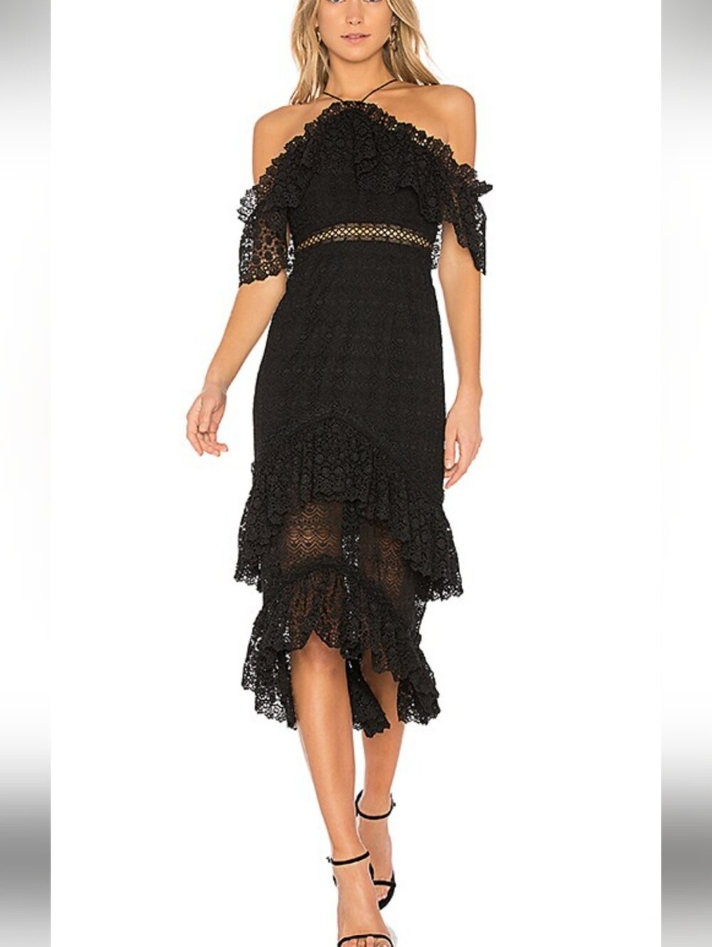 AMUR women’s Black Off-Shoulder Lace tiered hemline dress size 0 new with tags